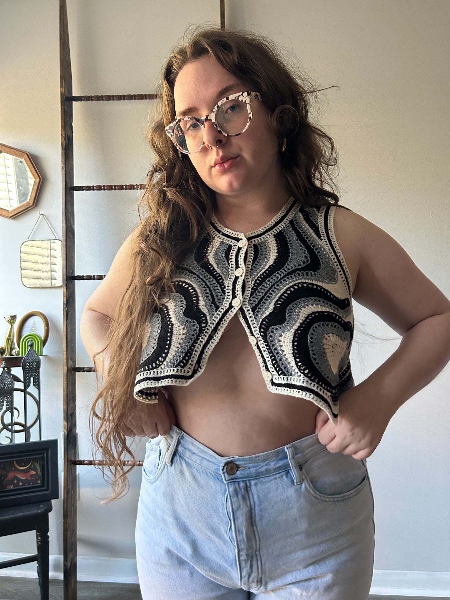 Cream and Black Vest/Top