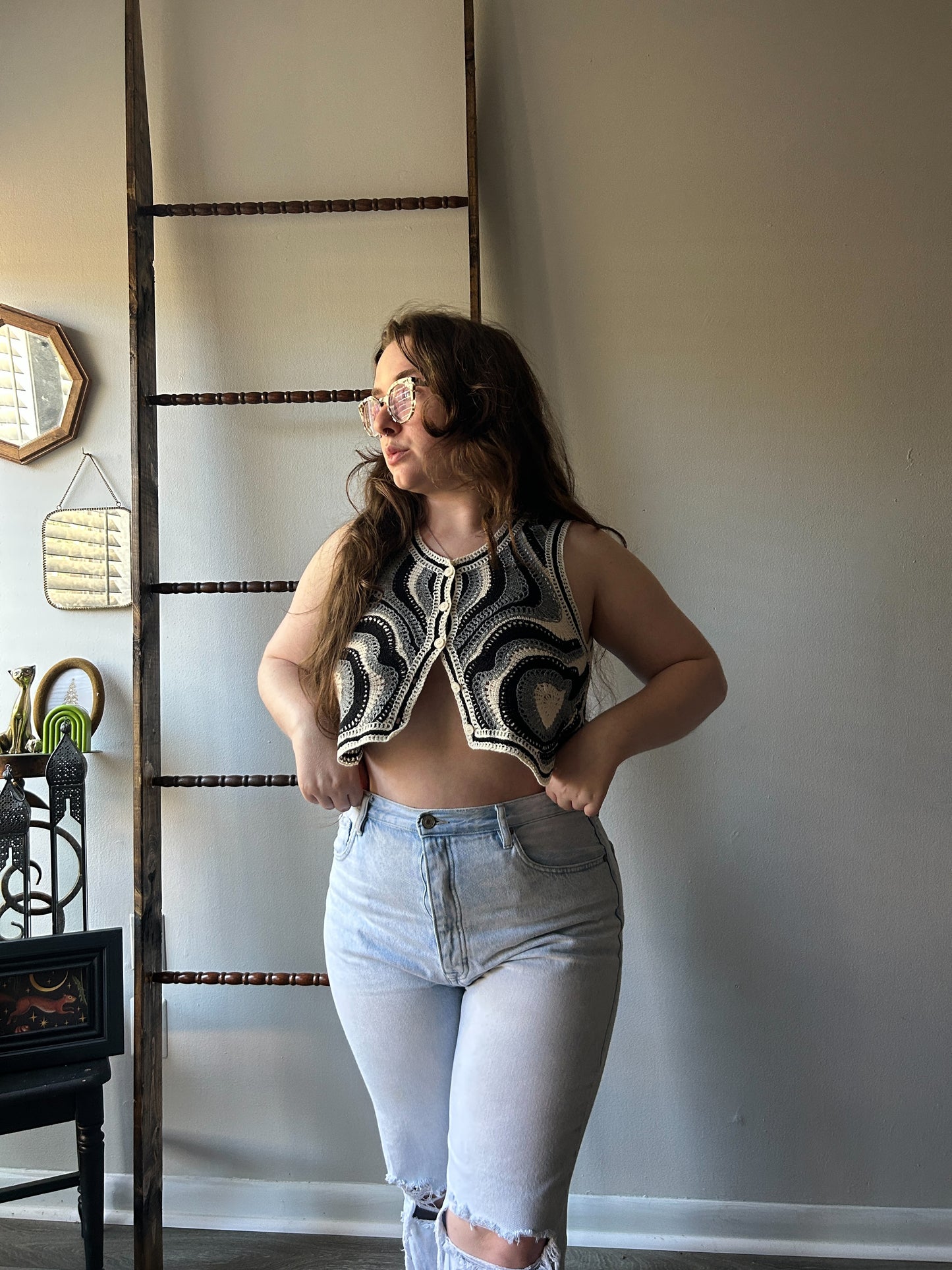 Cream and Black Vest/Top